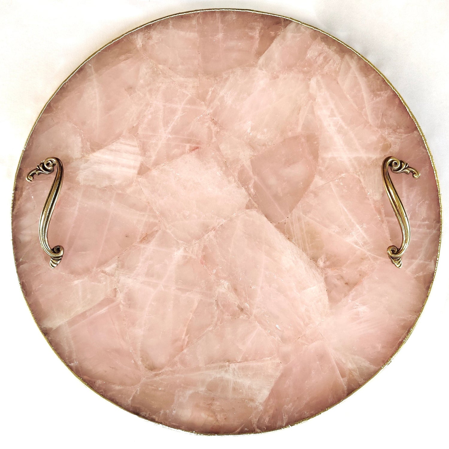 Rose Quartz Agate | Serving Tray With Brass Handles | Circular |-0