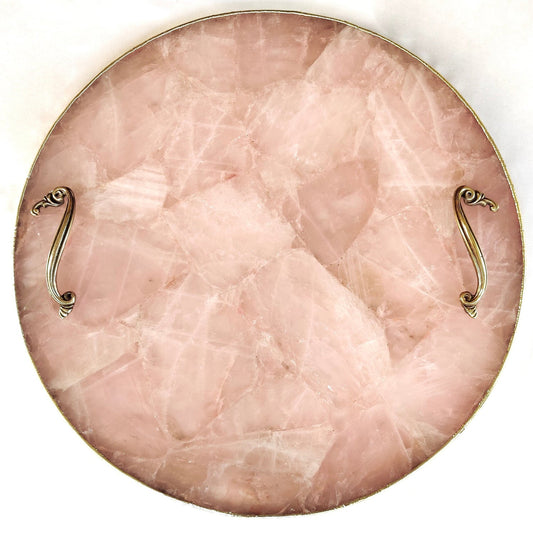 Rose Quartz Agate | Serving Tray With Brass Handles | Circular |-0