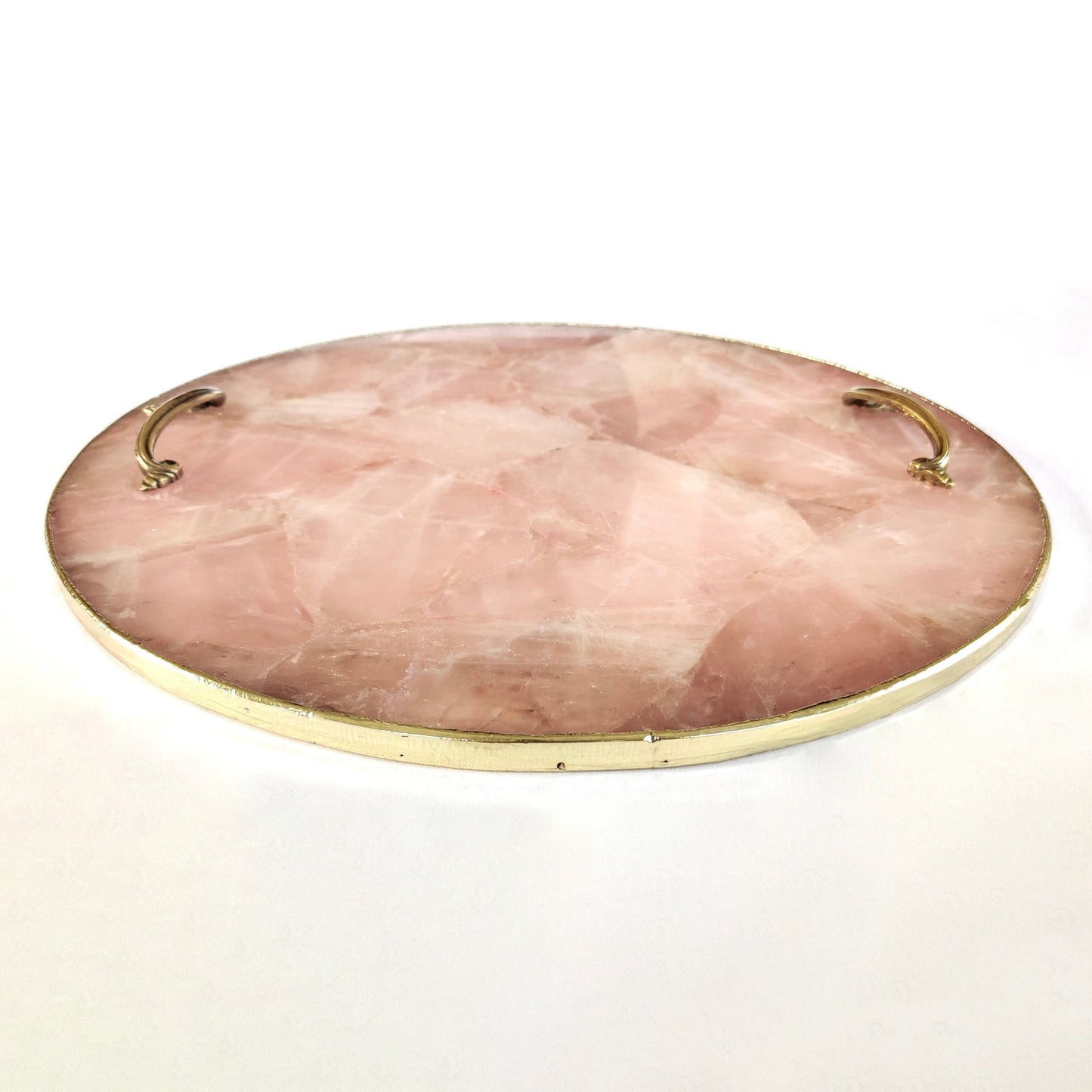Rose Quartz Agate | Serving Tray With Brass Handles | Circular |-1
