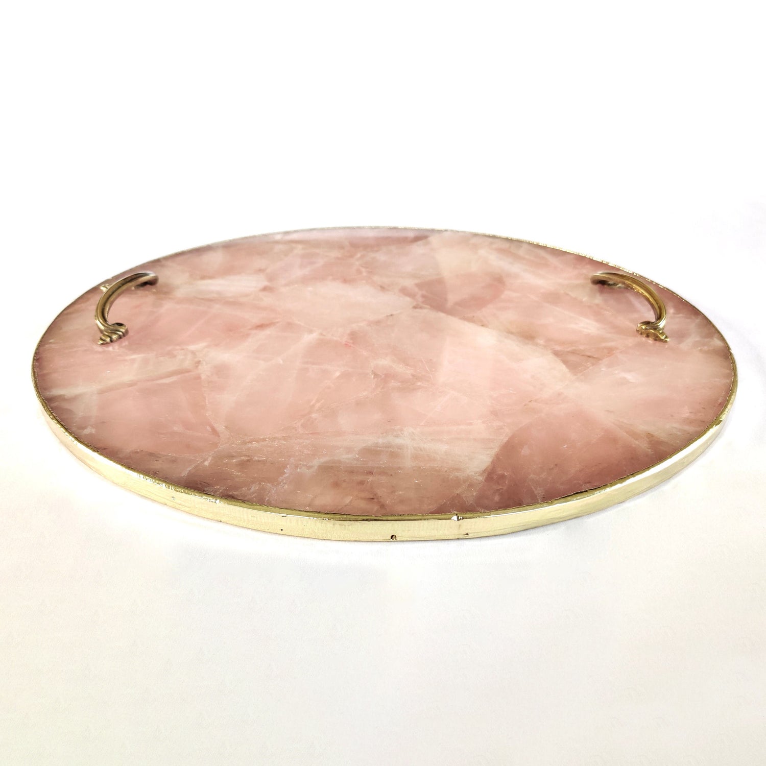 Rose Quartz Agate | Serving Tray With Brass Handles | Circular |-1