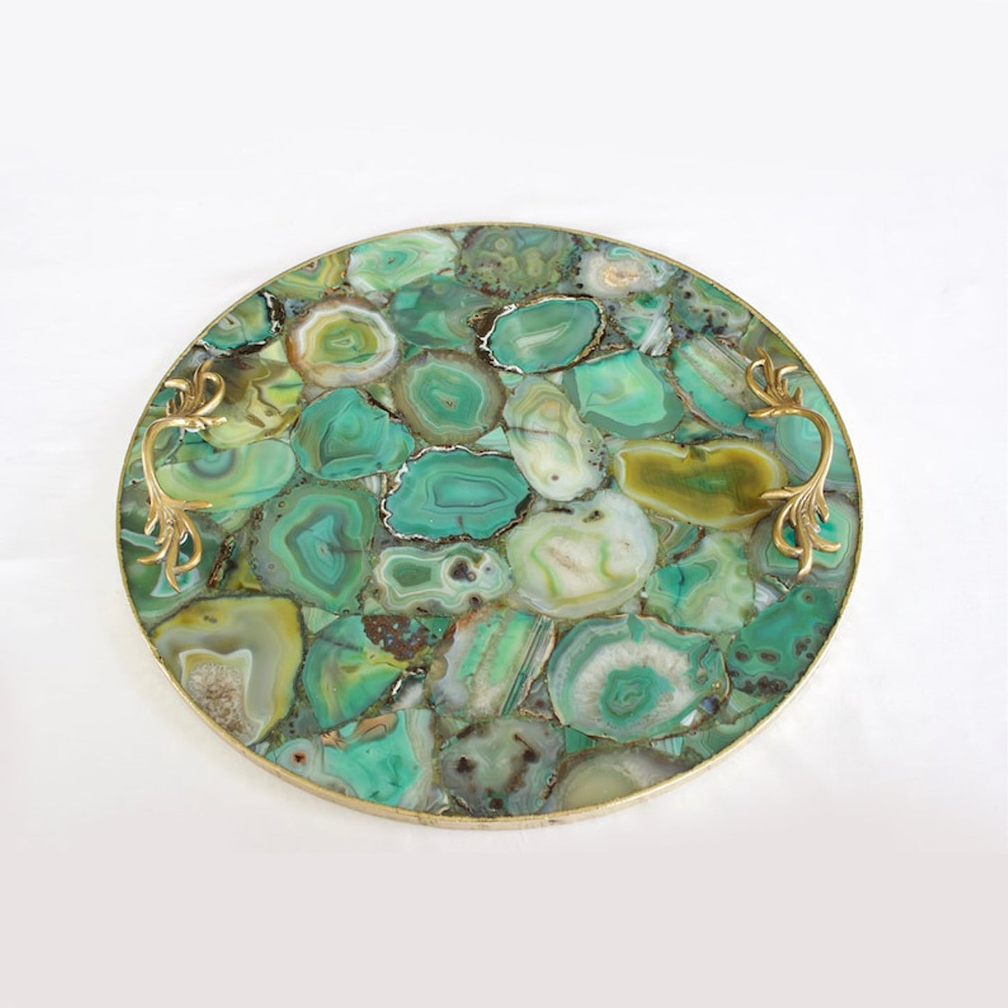 Green Agate Serving Tray With Brass Handles | Circular-2