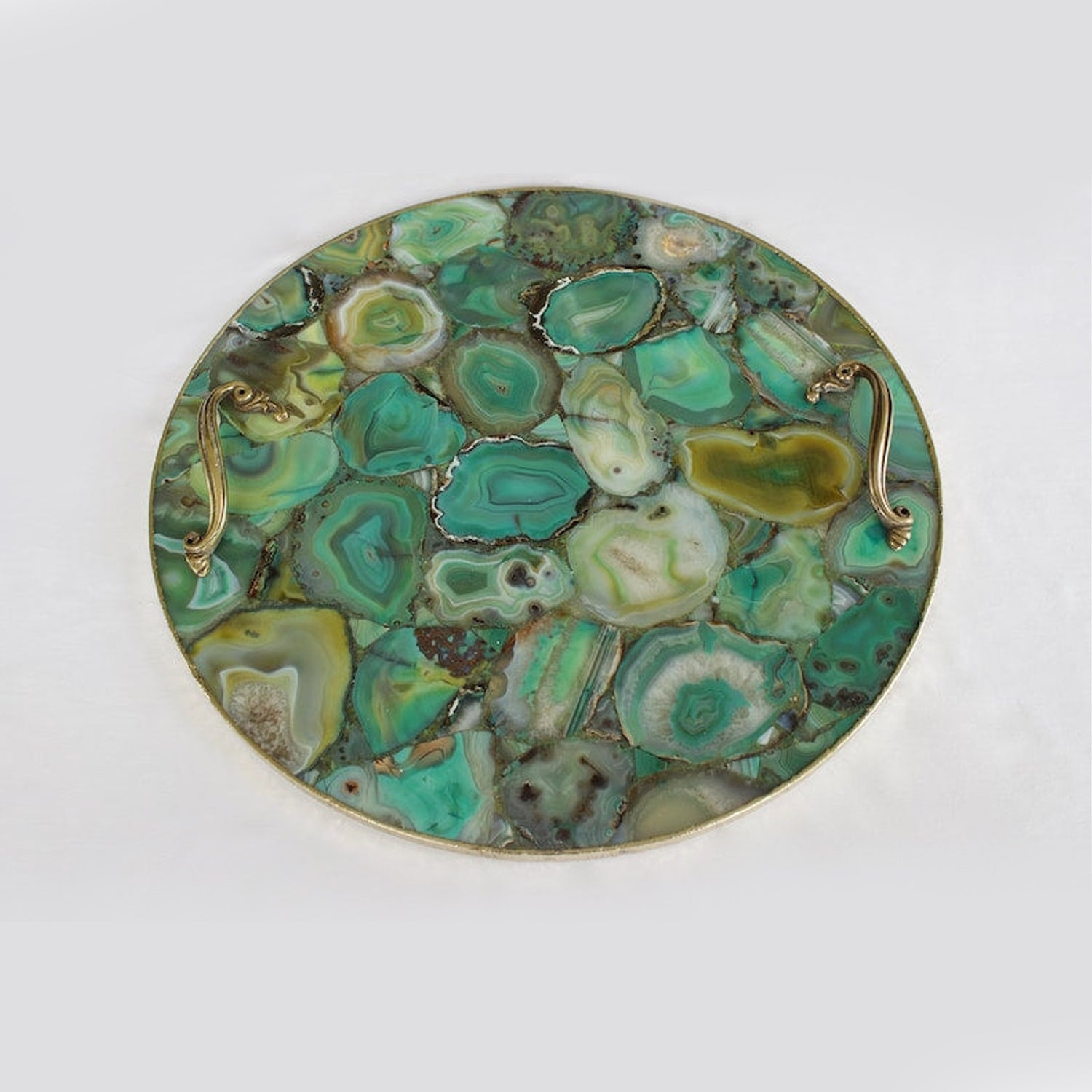 Green Agate Serving Tray With Brass Handles | Circular-2