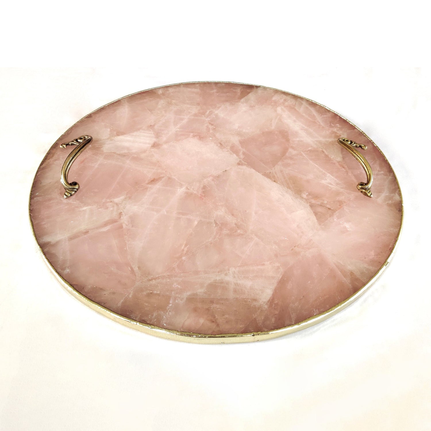 Rose Quartz Agate | Serving Tray With Brass Handles | Circular |-2