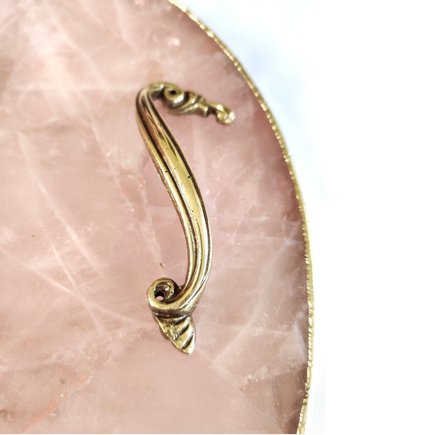 Rose Quartz Agate | Serving Tray With Brass Handles | Circular |-3