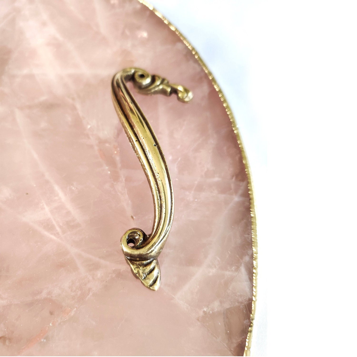 Rose Quartz Agate | Serving Tray With Brass Handles | Circular |-3