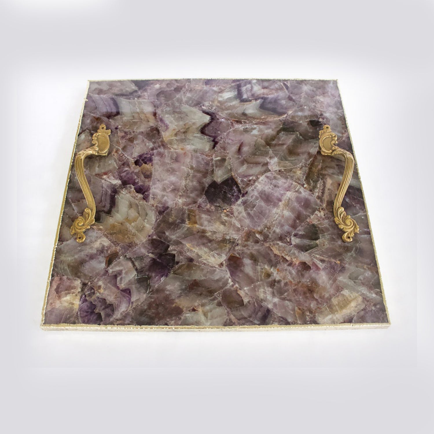 Amethyst Agate Serving Tray With Brass Handles | Square-4