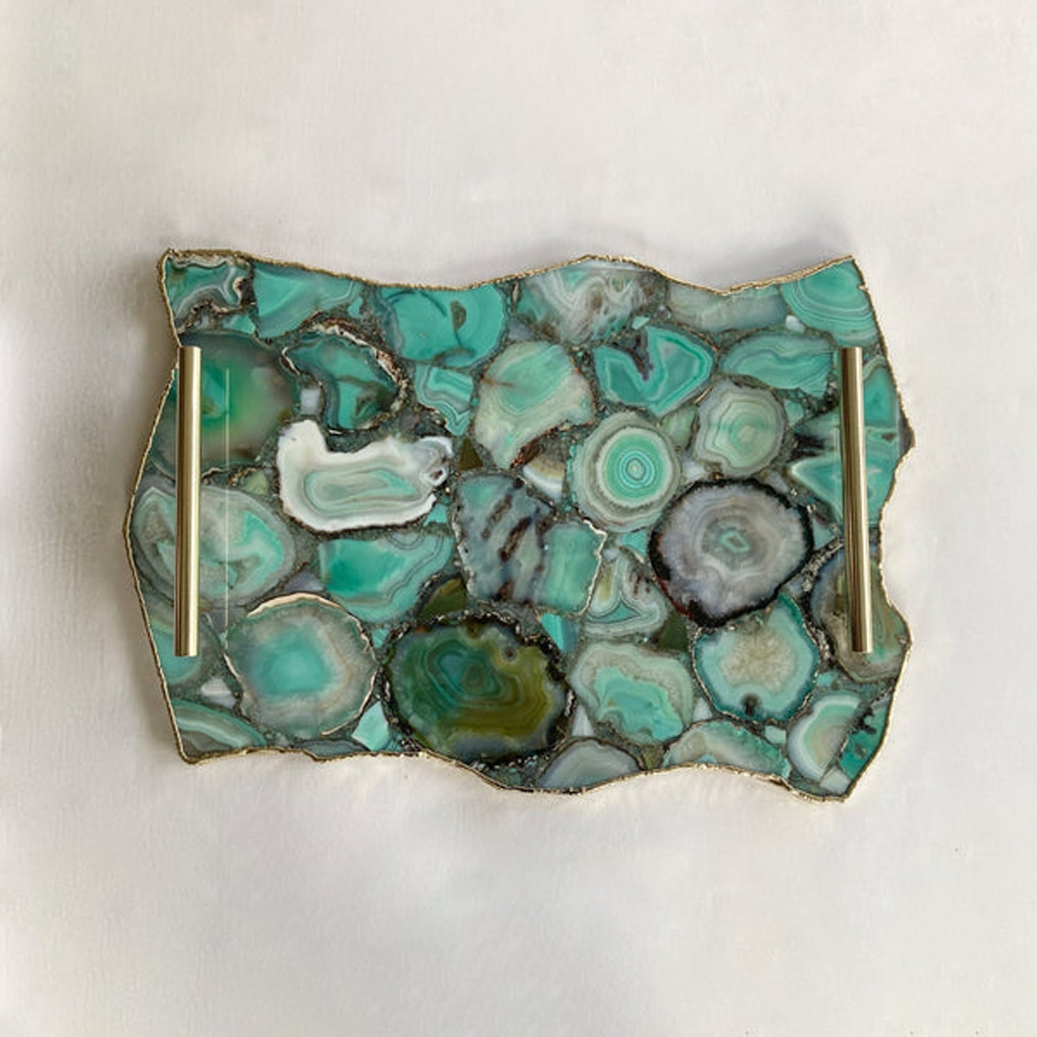 Large Green Agate Serving Tray With Plain Modern Brass Handles/Personalised Momentos/Sign Boards 10"x15"-0