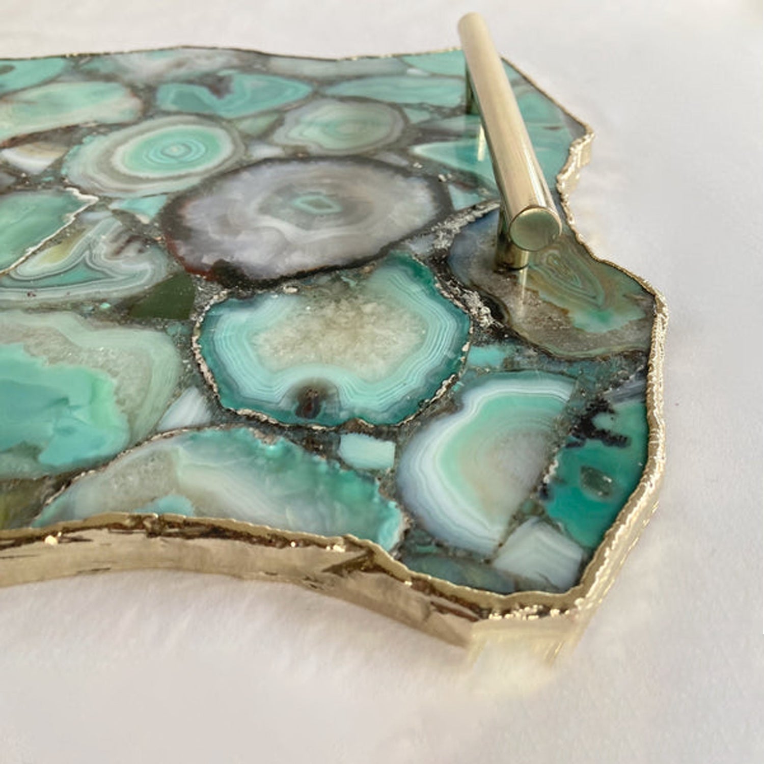 Large Green Agate Serving Tray With Plain Modern Brass Handles/Personalised Momentos/Sign Boards 10"x15"-2