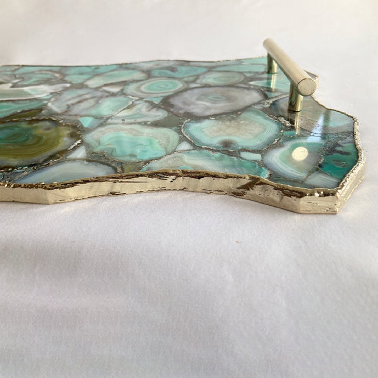 Large Green Agate Serving Tray With Plain Modern Brass Handles/Personalised Momentos/Sign Boards 10"x15"-3