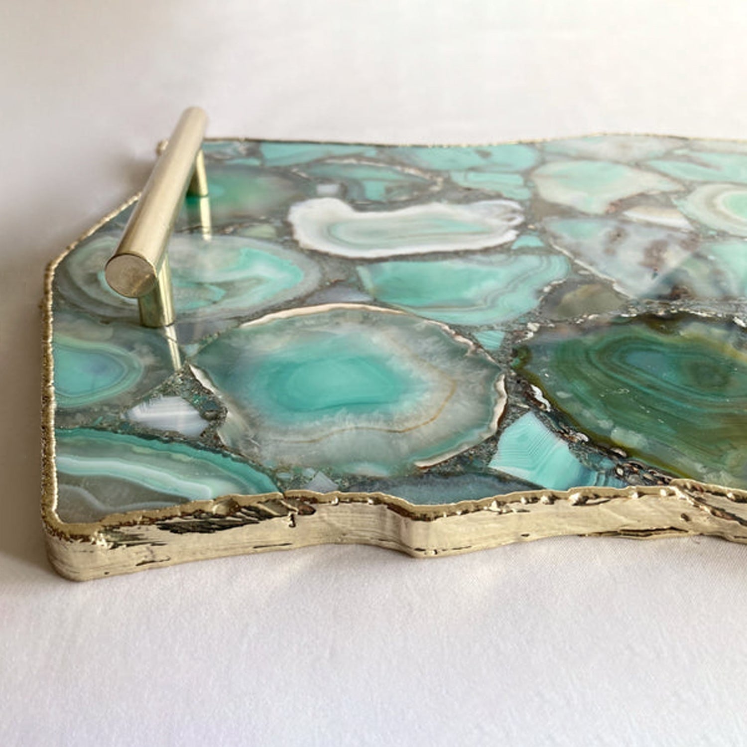 Large Green Agate Serving Tray With Plain Modern Brass Handles/Personalised Momentos/Sign Boards 10"x15"-4